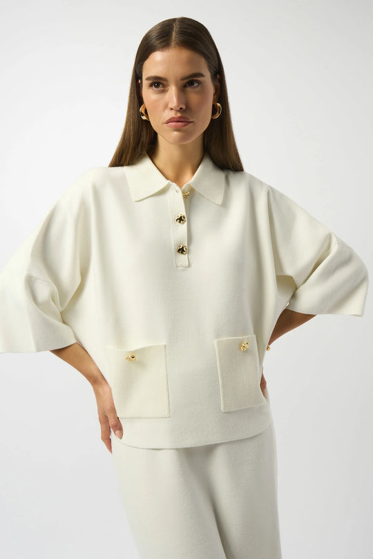 Joseph Ribkoff Sweater Knit Polo Boxy Top in Winter White