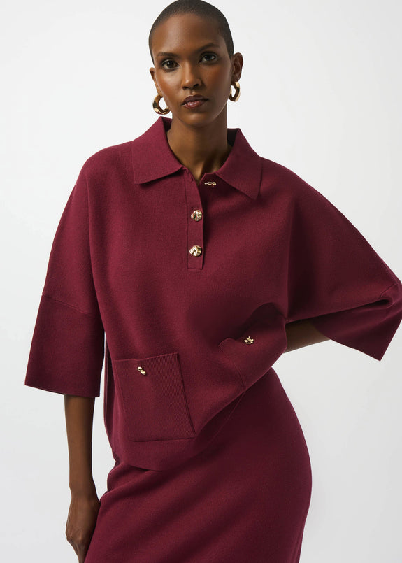front view of plus size Joseph Ribkoff Sweater Knit Polo Boxy Top in Merlot