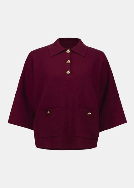 front view of plus size Joseph Ribkoff Sweater Knit Polo Boxy Top in Merlot