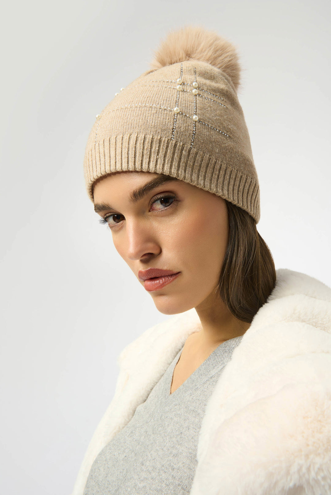 Joseph Ribkoff Knit Faux Fur Pom Pom Hat in Taupe Melange