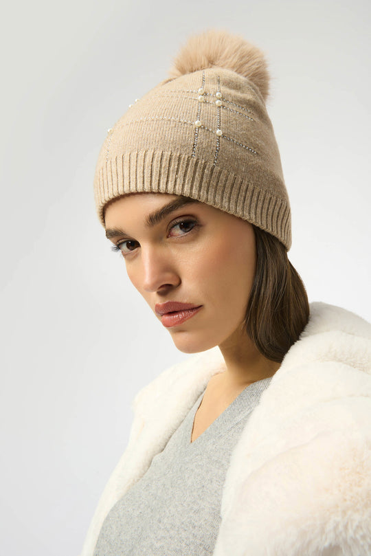 Joseph Ribkoff Knit Faux Fur Pom Pom Hat in Taupe Melange