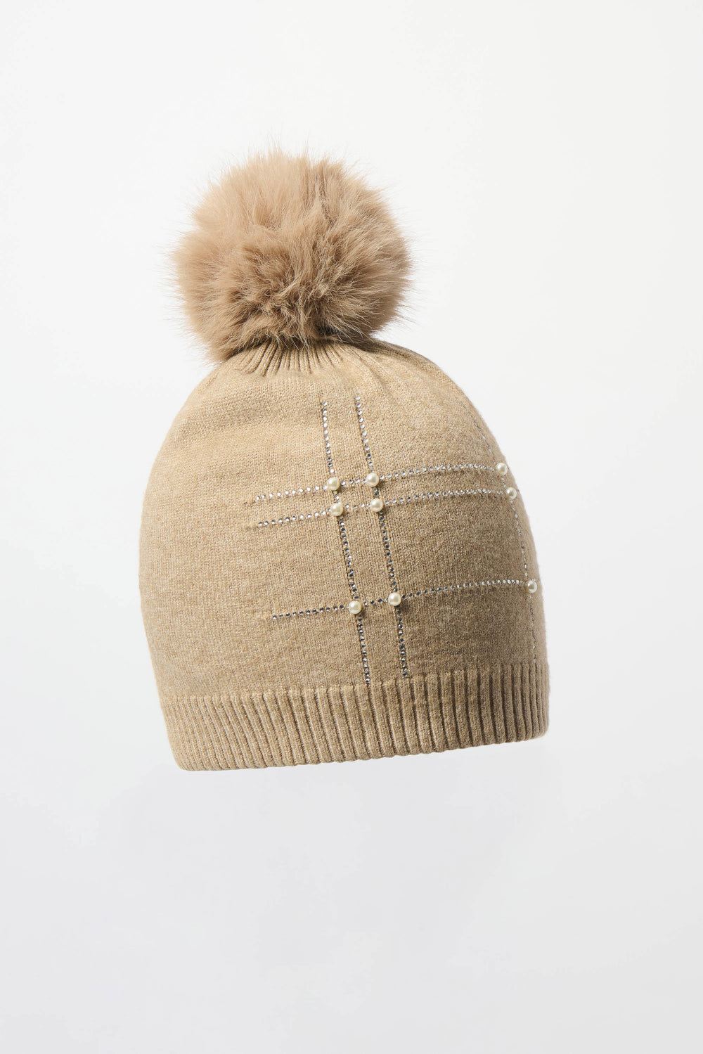 Joseph Ribkoff Knit Faux Fur Pom Pom Hat in Taupe Melange