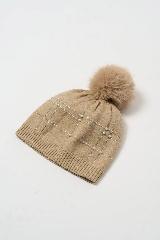 Joseph Ribkoff Knit Faux Fur Pom Pom Hat in Taupe Melange
