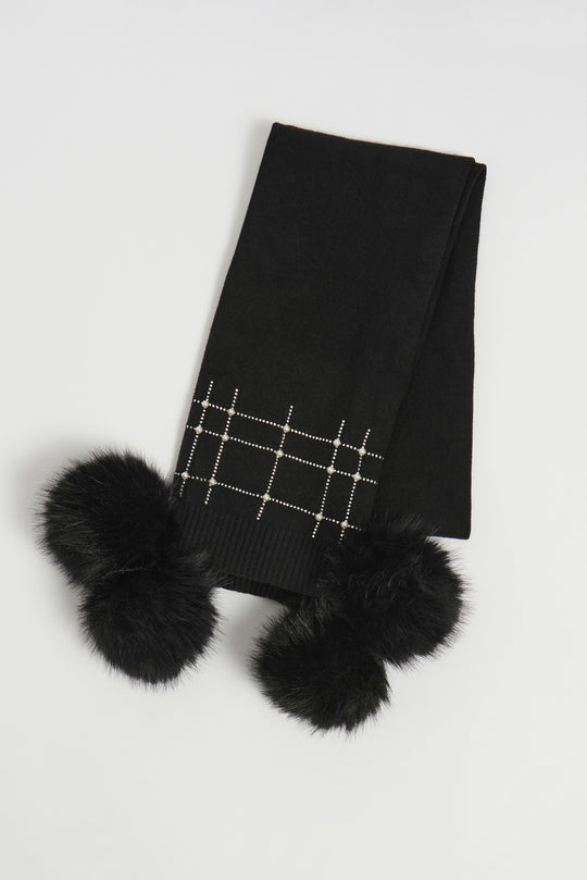 Joseph Ribkoff Knit Faux Fur Pom Pom Scarf in Black