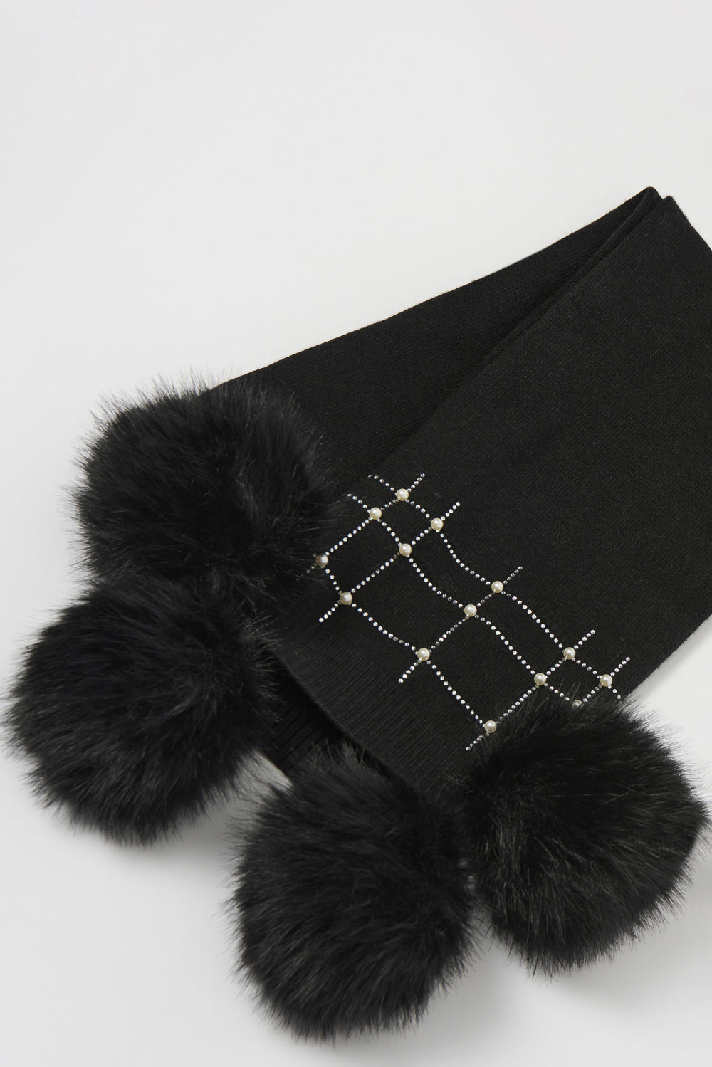Joseph Ribkoff Knit Faux Fur Pom Pom Scarf in Black
