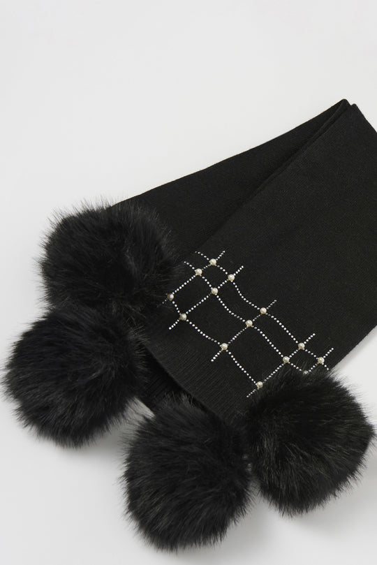 Joseph Ribkoff Knit Faux Fur Pom Pom Scarf in Black