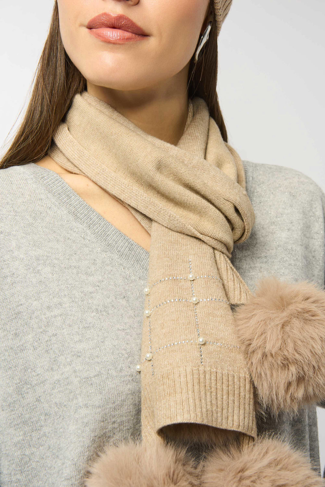 Joseph Ribkoff Knit Faux Fur Pom Pom Scarf  in Taupe Melange