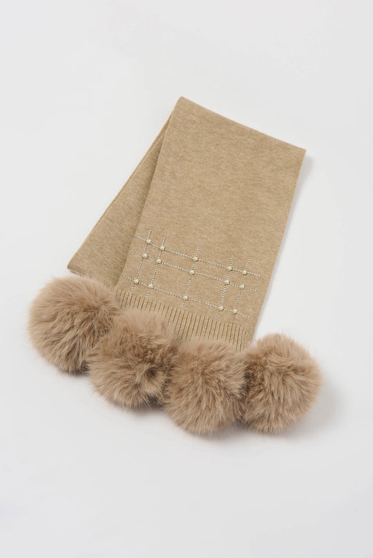 Joseph Ribkoff Knit Faux Fur Pom Pom Scarf  in Taupe Melange
