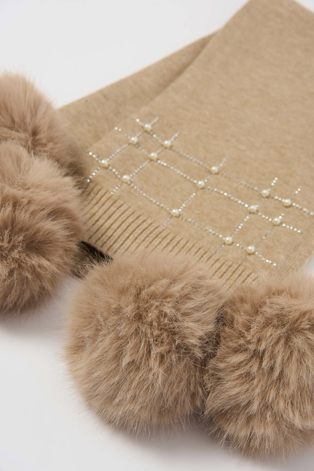 Joseph Ribkoff Knit Faux Fur Pom Pom Scarf  in Taupe Melange