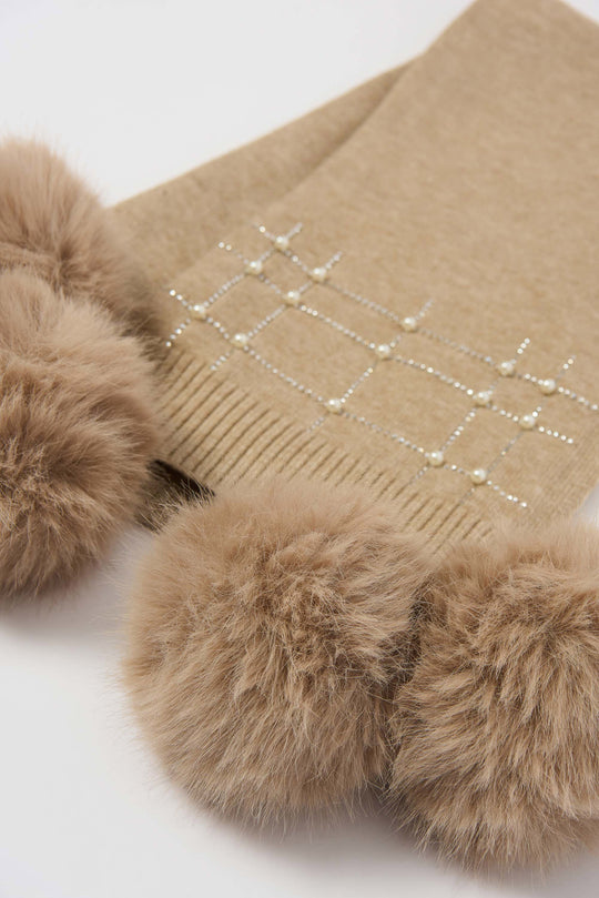Joseph Ribkoff Knit Faux Fur Pom Pom Scarf  in Taupe Melange