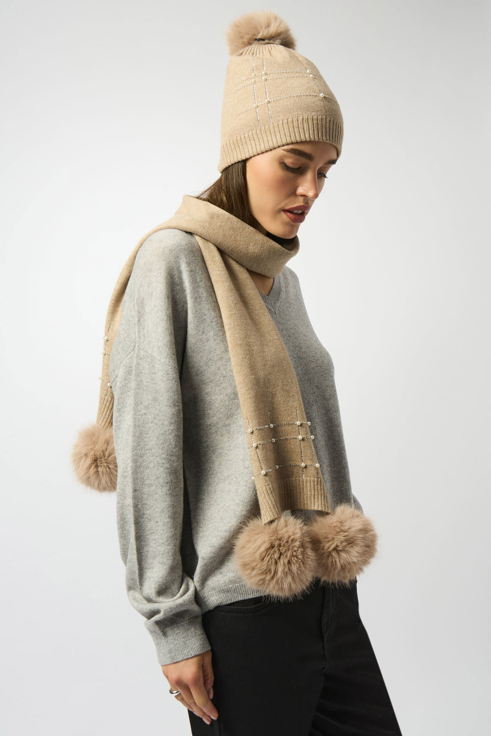 Joseph Ribkoff Knit Faux Fur Pom Pom Scarf  in Taupe Melange
