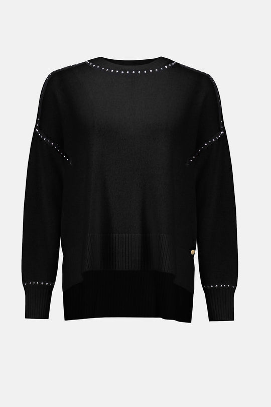 Joseph Ribkoff Long Sleeve Cashmere Crew Neck Sweater with Studs in Black