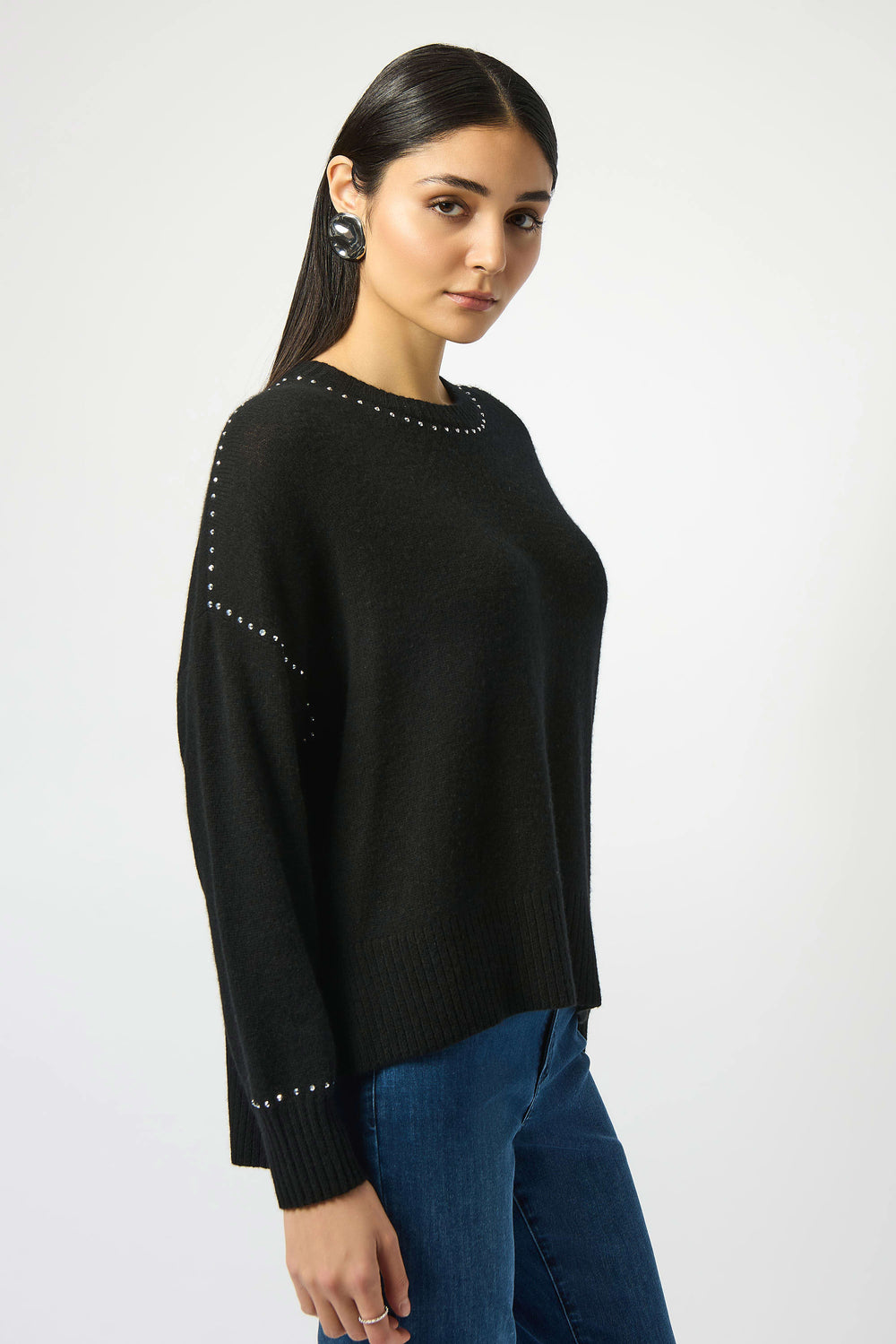 Joseph Ribkoff Long Sleeve Cashmere Crew Neck Sweater with Studs in Black