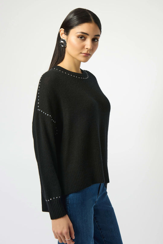 Joseph Ribkoff Long Sleeve Cashmere Crew Neck Sweater with Studs in Black
