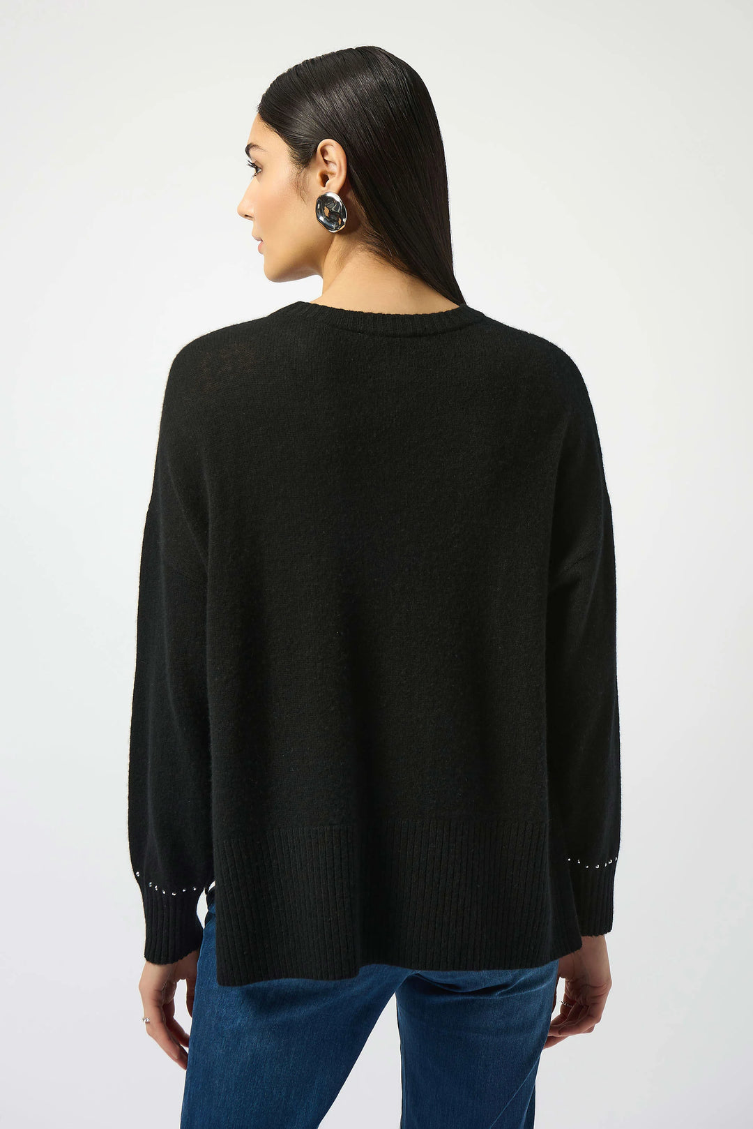 Joseph Ribkoff Long Sleeve Cashmere Crew Neck Sweater with Studs in Black