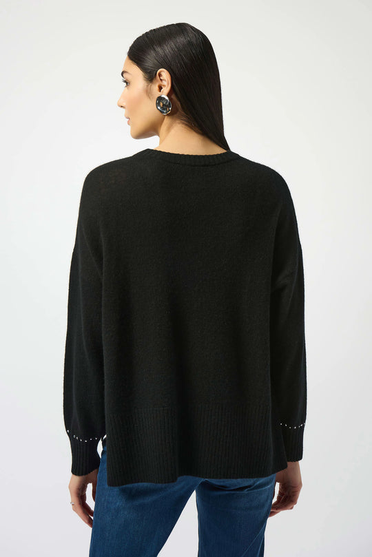 Joseph Ribkoff Long Sleeve Cashmere Crew Neck Sweater with Studs in Black