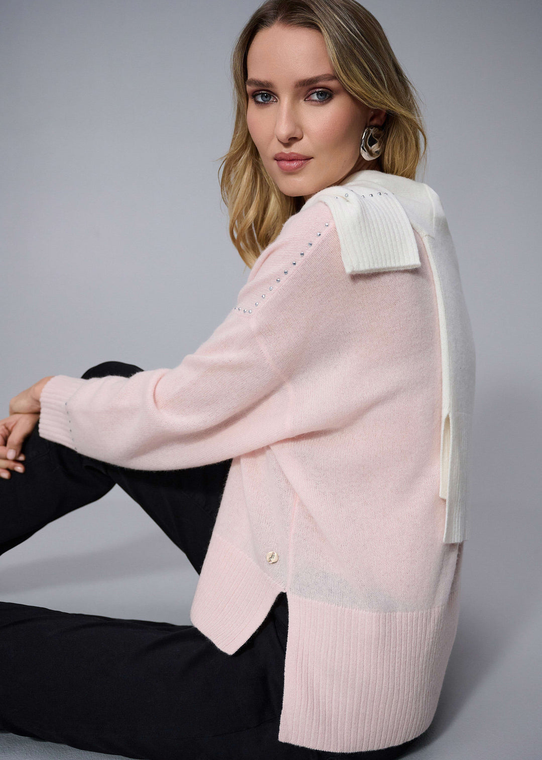 side view of plus size Joseph Ribkoff Long Sleeve Cashmere Crew Neck Sweater with Studs in Rose'