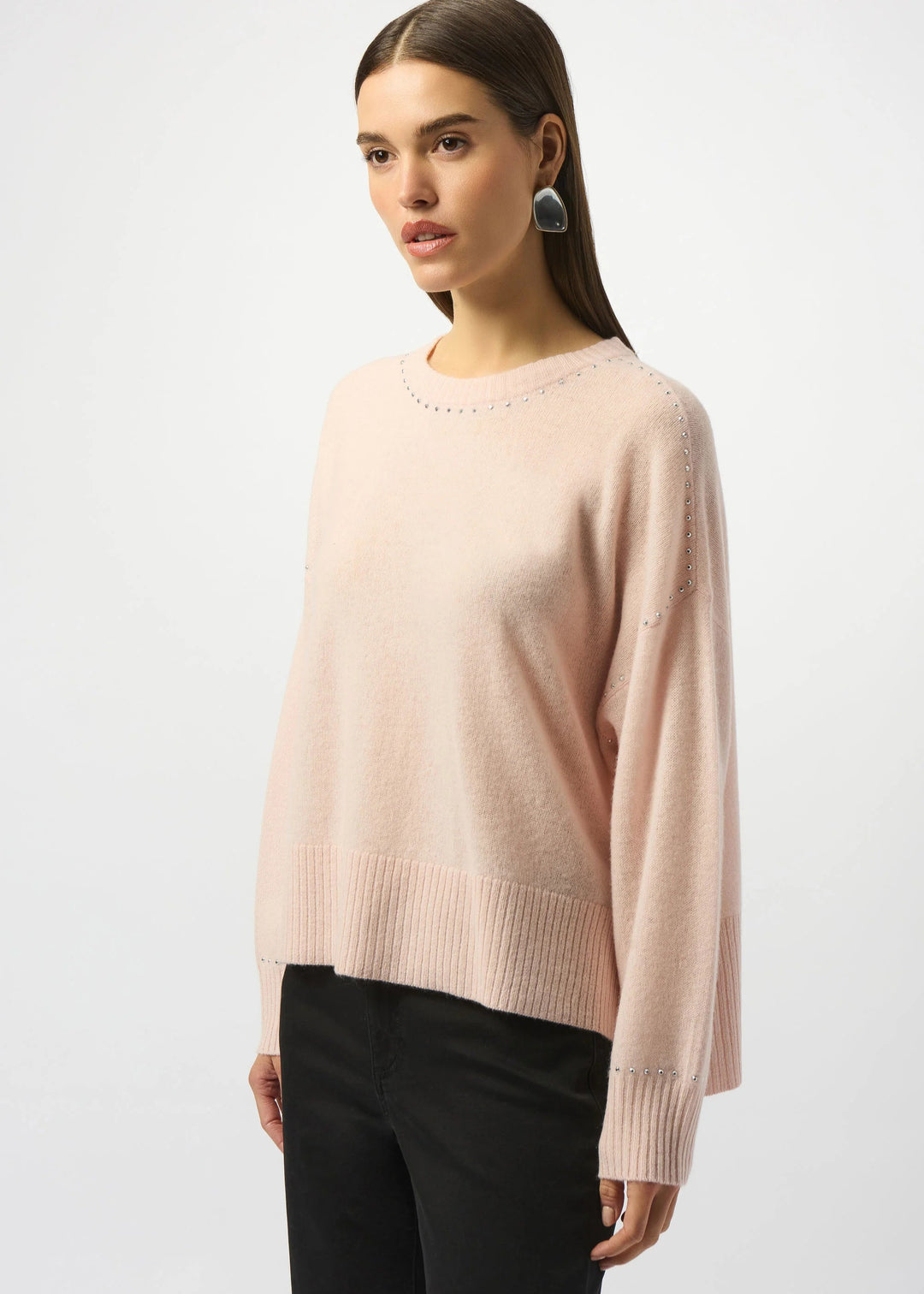 front view of plus size Joseph Ribkoff Long Sleeve Cashmere Crew Neck Sweater with Studs in Rose'