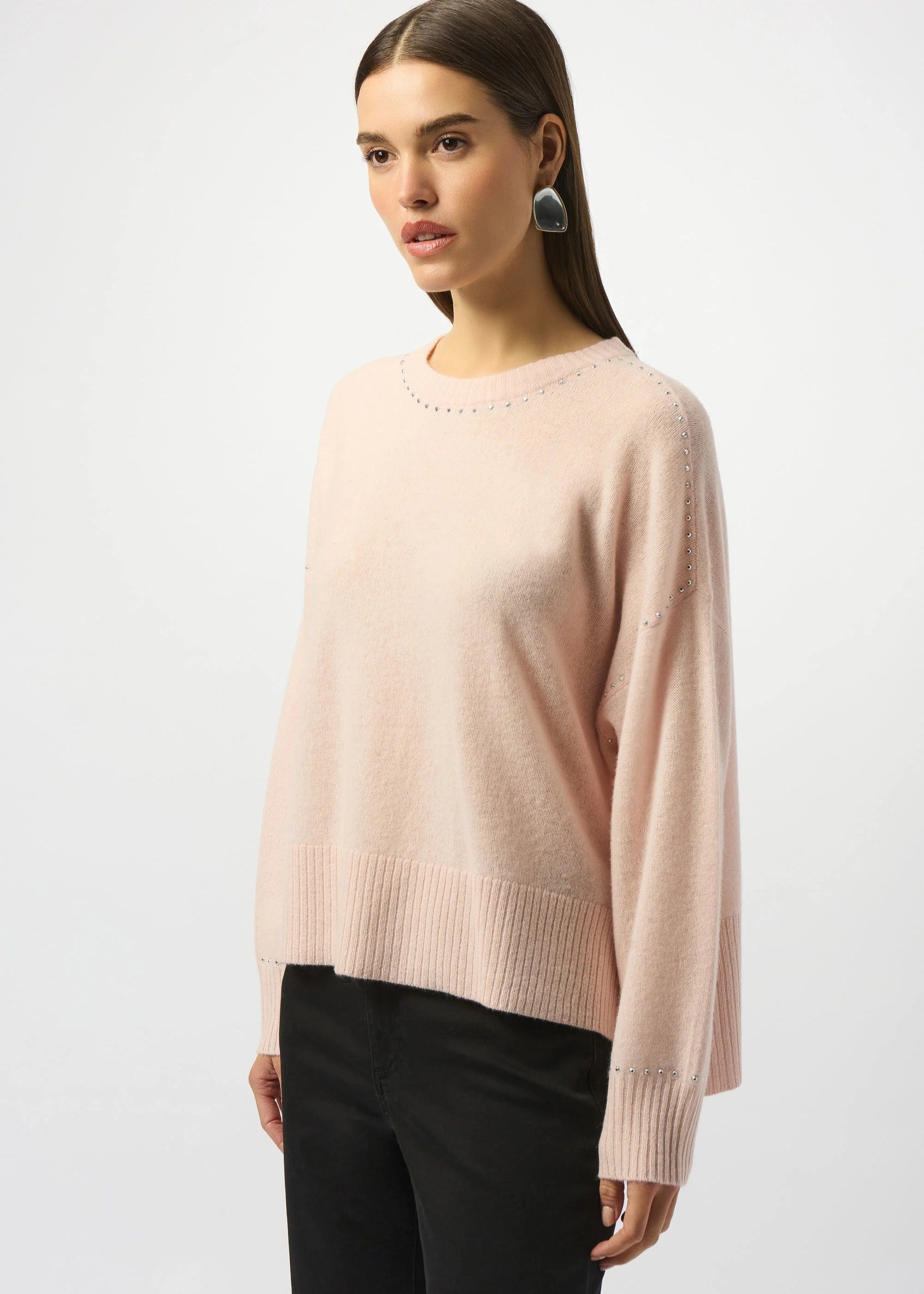 front view of plus size Joseph Ribkoff Long Sleeve Cashmere Crew Neck Sweater with Studs in Rose'