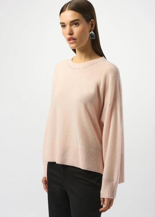 front view of plus size Joseph Ribkoff Long Sleeve Cashmere Crew Neck Sweater with Studs in Rose'