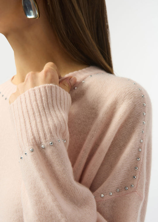 close up of plus size Joseph Ribkoff Long Sleeve Cashmere Crew Neck Sweater with Studs in Rose'