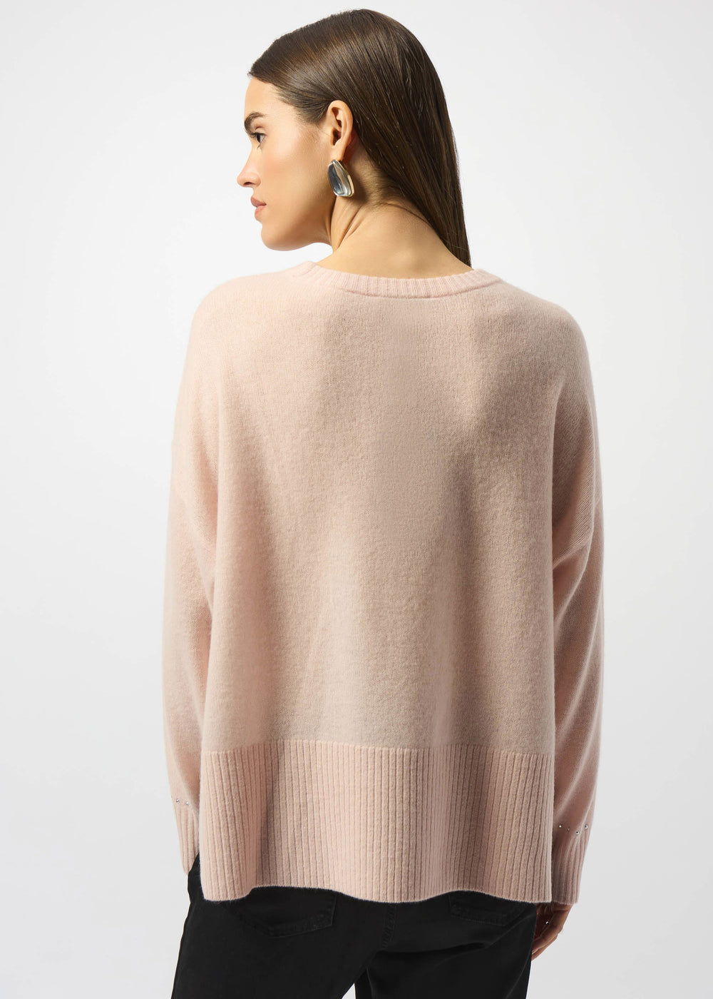 back view of plus size Joseph Ribkoff Long Sleeve Cashmere Crew Neck Sweater with Studs in Rose'