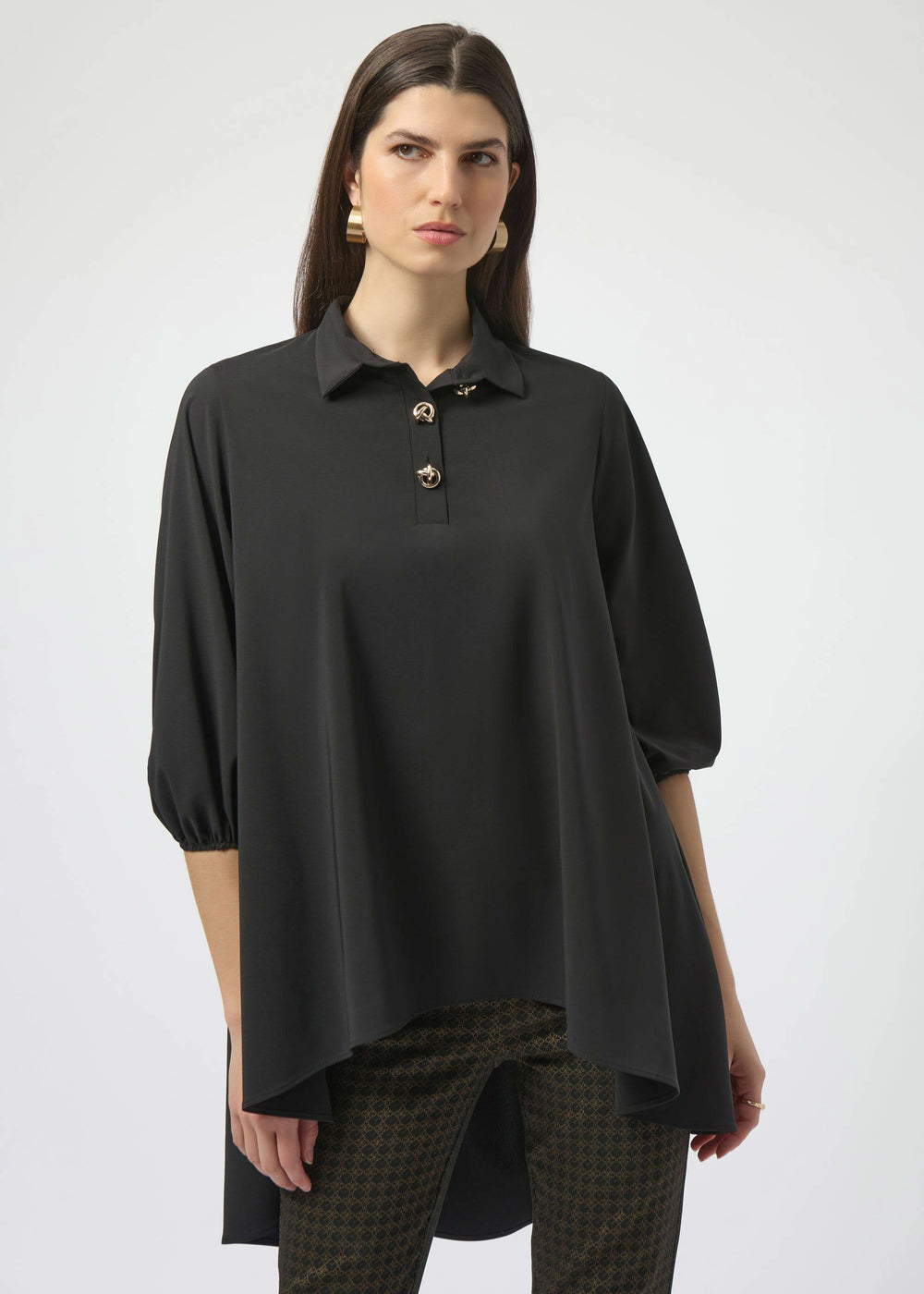 front view of plus size Joseph Ribkoff Stretch Poplin High Low Flared Tunic in Black