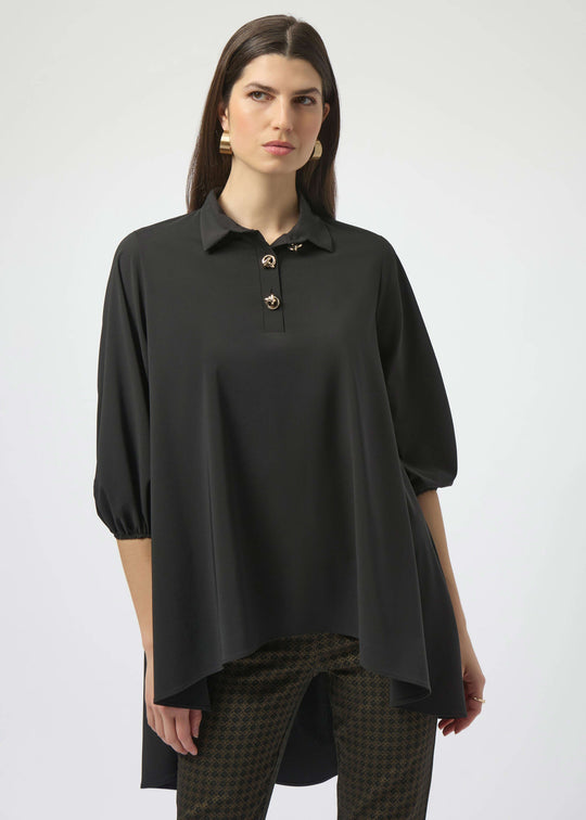 front view of plus size Joseph Ribkoff Stretch Poplin High Low Flared Tunic in Black