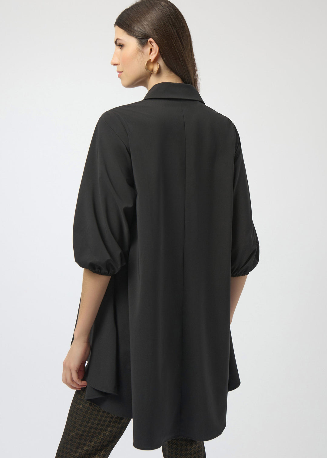 back view of plus size Joseph Ribkoff Stretch Poplin High Low Flared Tunic in Black