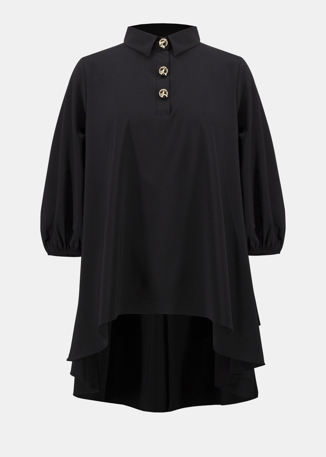 front view of plus size Joseph Ribkoff Stretch Poplin High Low Flared Tunic in Black