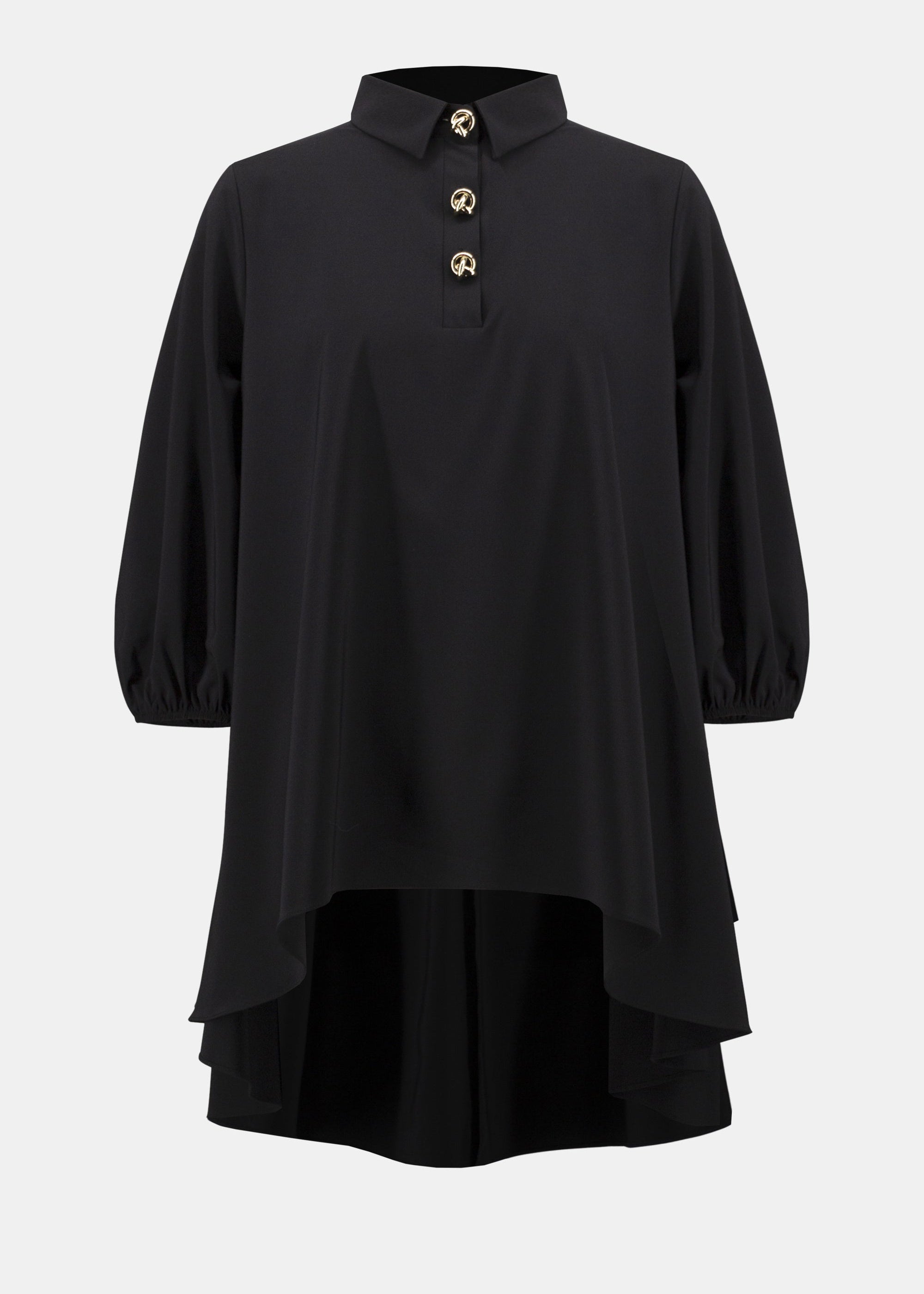 front view of plus size Joseph Ribkoff Stretch Poplin High Low Flared Tunic in Black