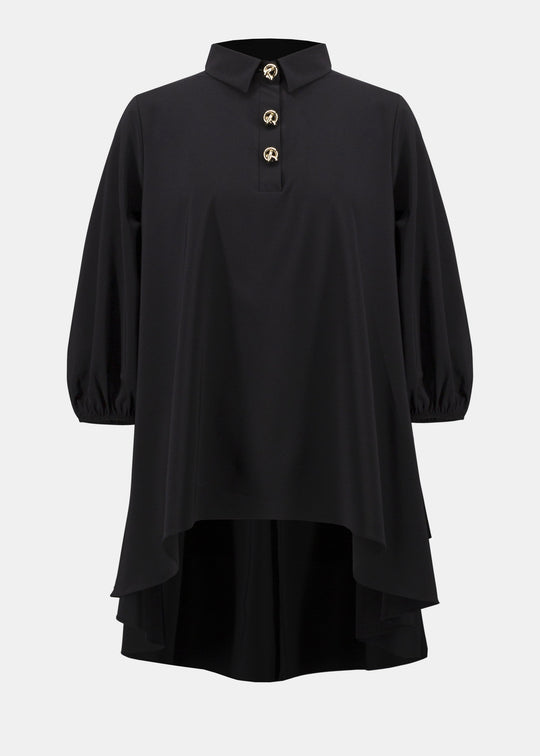 front view of plus size Joseph Ribkoff Stretch Poplin High Low Flared Tunic in Black