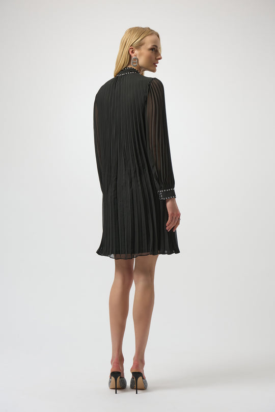 back view of plus size Joseph Ribkoff Pleated Chiffon A-line dress with Tie Neck in Black