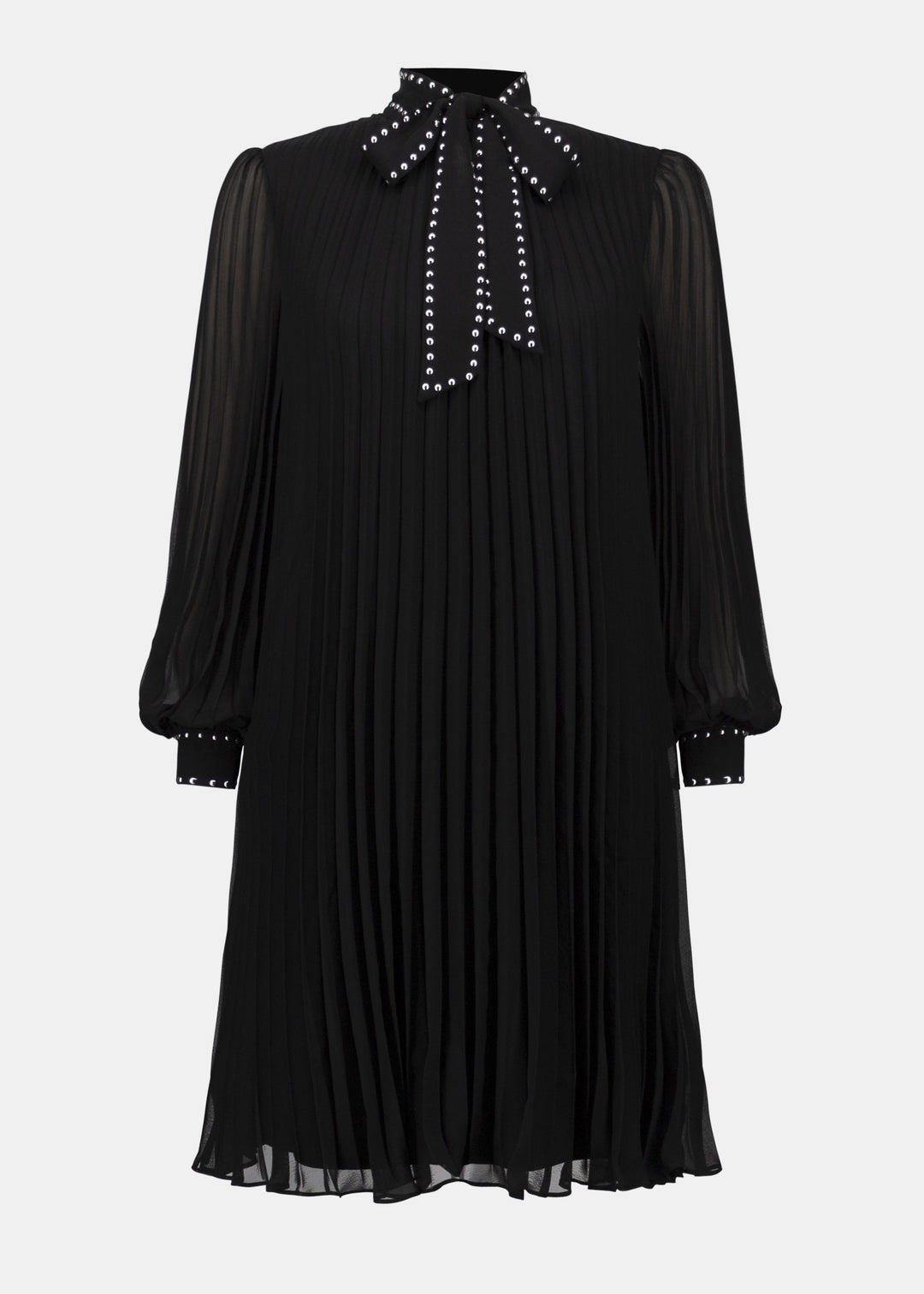 front view of plus size Joseph Ribkoff Pleated Chiffon A-line dress with Tie Neck in Black