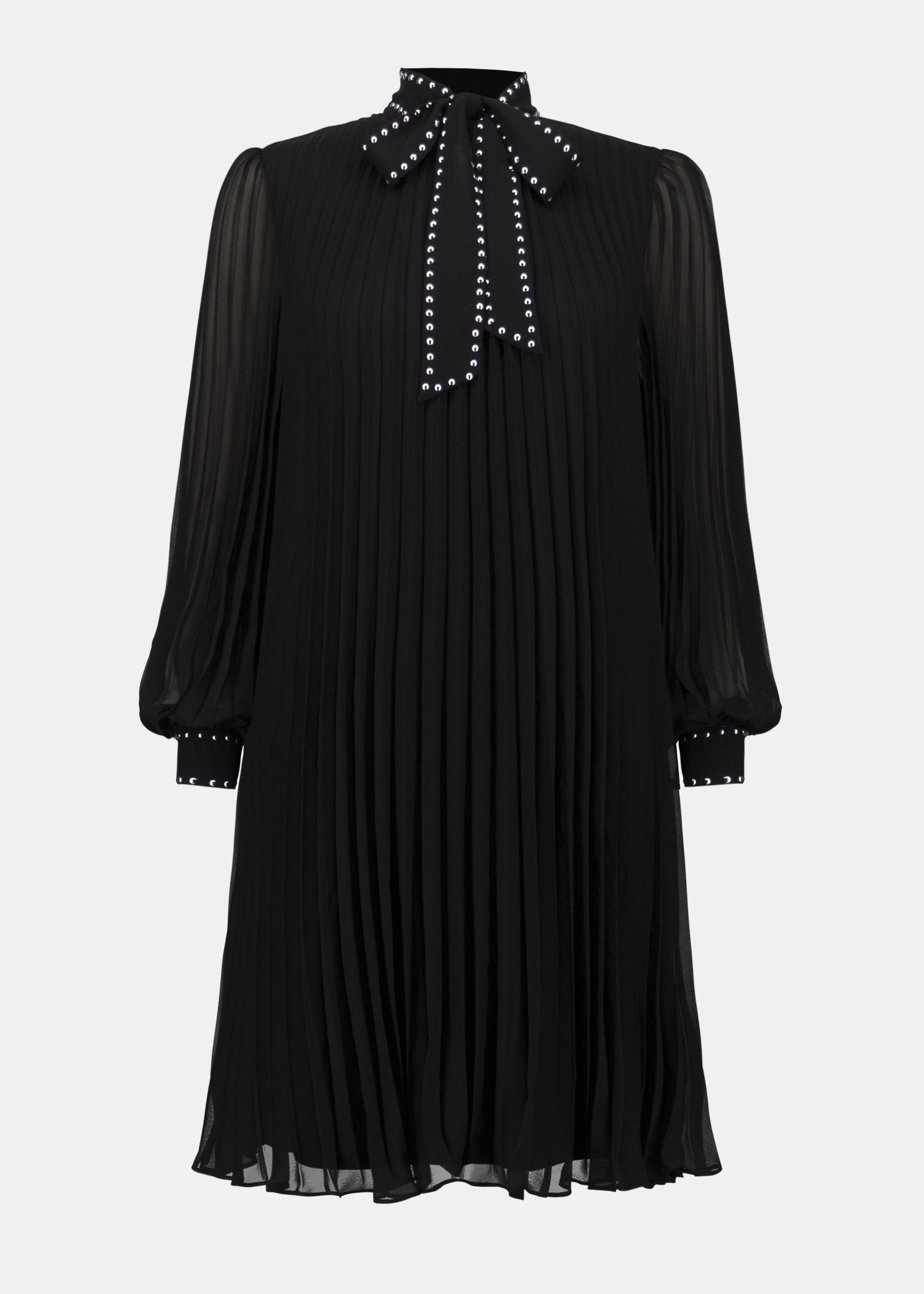front view of plus size Joseph Ribkoff Pleated Chiffon A-line dress with Tie Neck in Black