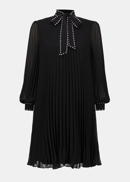 front view of plus size Joseph Ribkoff Pleated Chiffon A-line dress with Tie Neck in Black