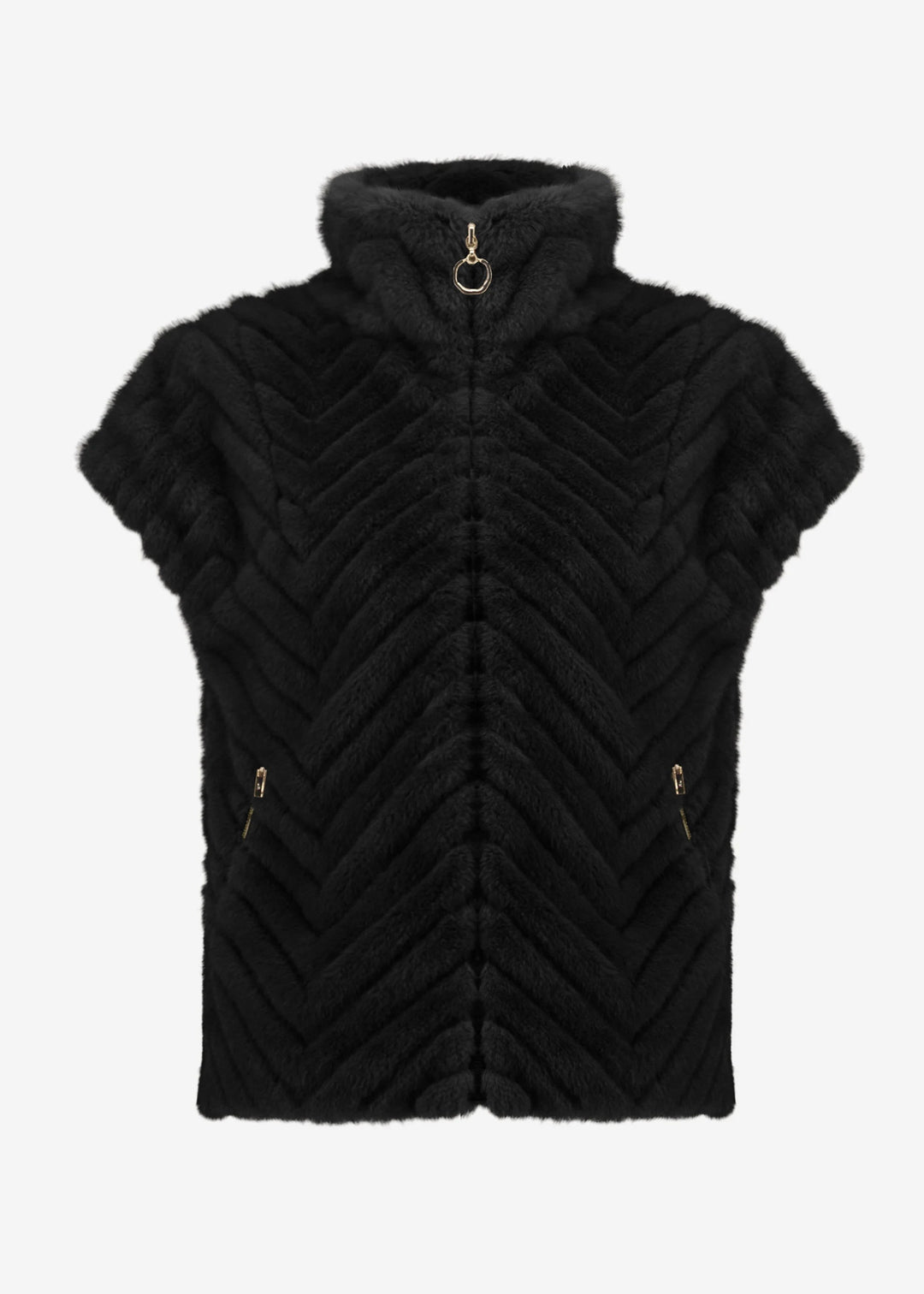 front view of plus size Joseph Ribkoff Chevron Faux Fur Mock Neck Zip Front Vest in Black