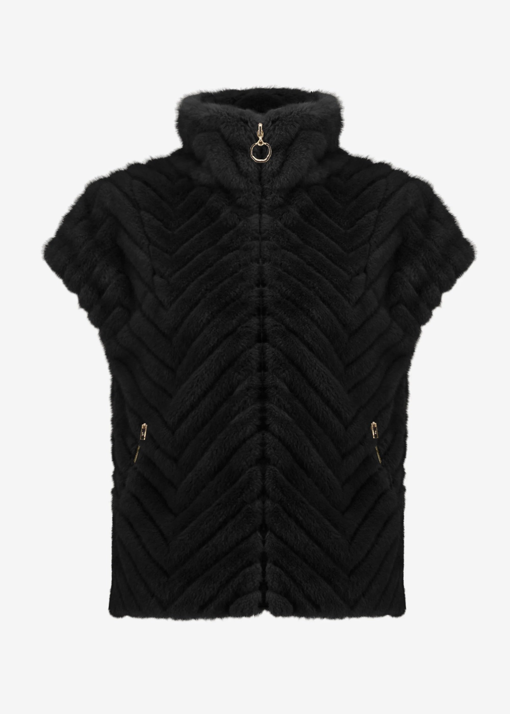 front view of plus size Joseph Ribkoff Chevron Faux Fur Mock Neck Zip Front Vest in Black