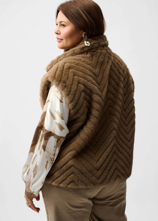 back view of plus size Joseph Ribkoff Chevron Faux Fur Mock Neck Zip Front Vest in Mink