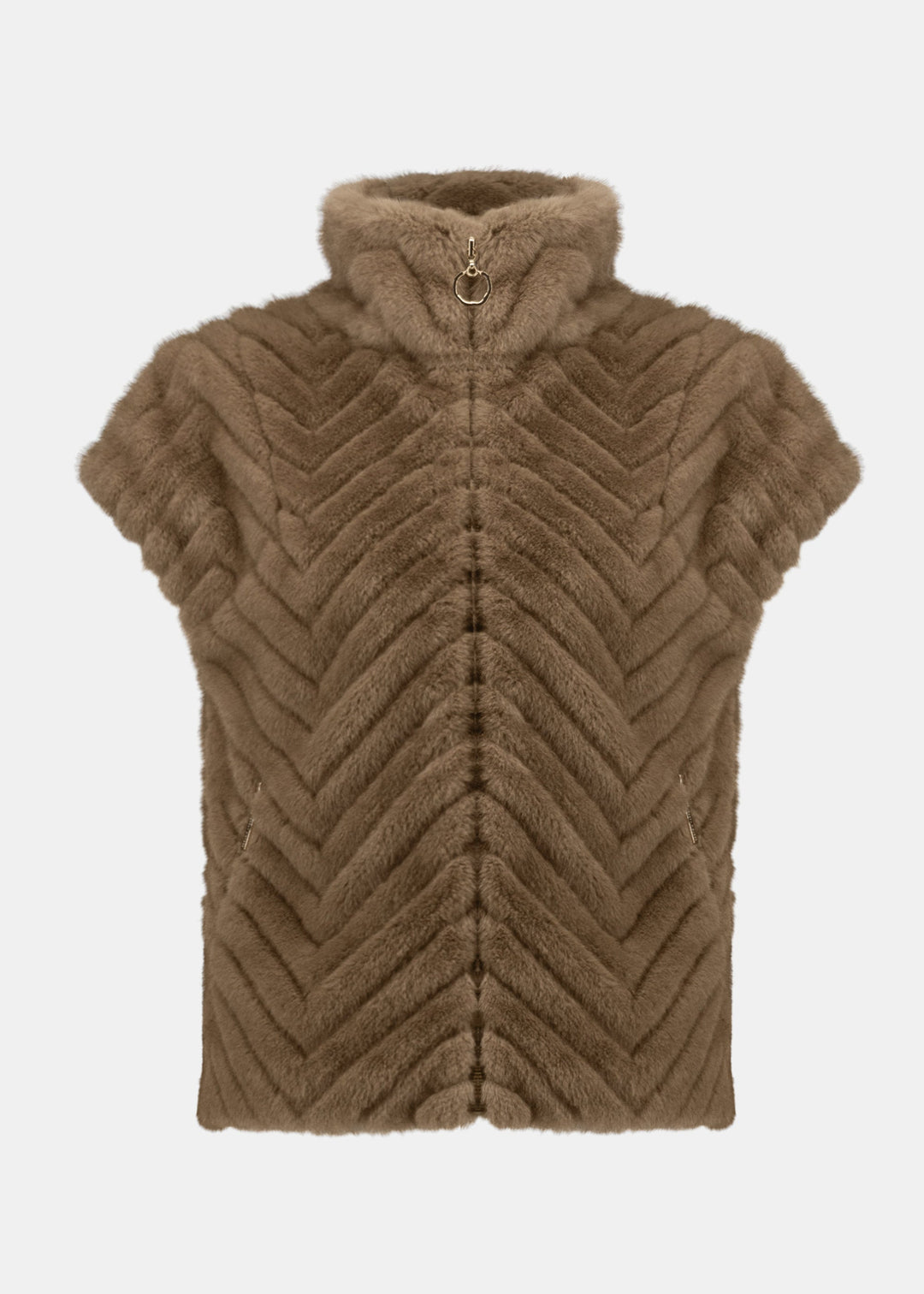 front view of plus size Joseph Ribkoff Chevron Faux Fur Mock Neck Zip Front Vest in Mink