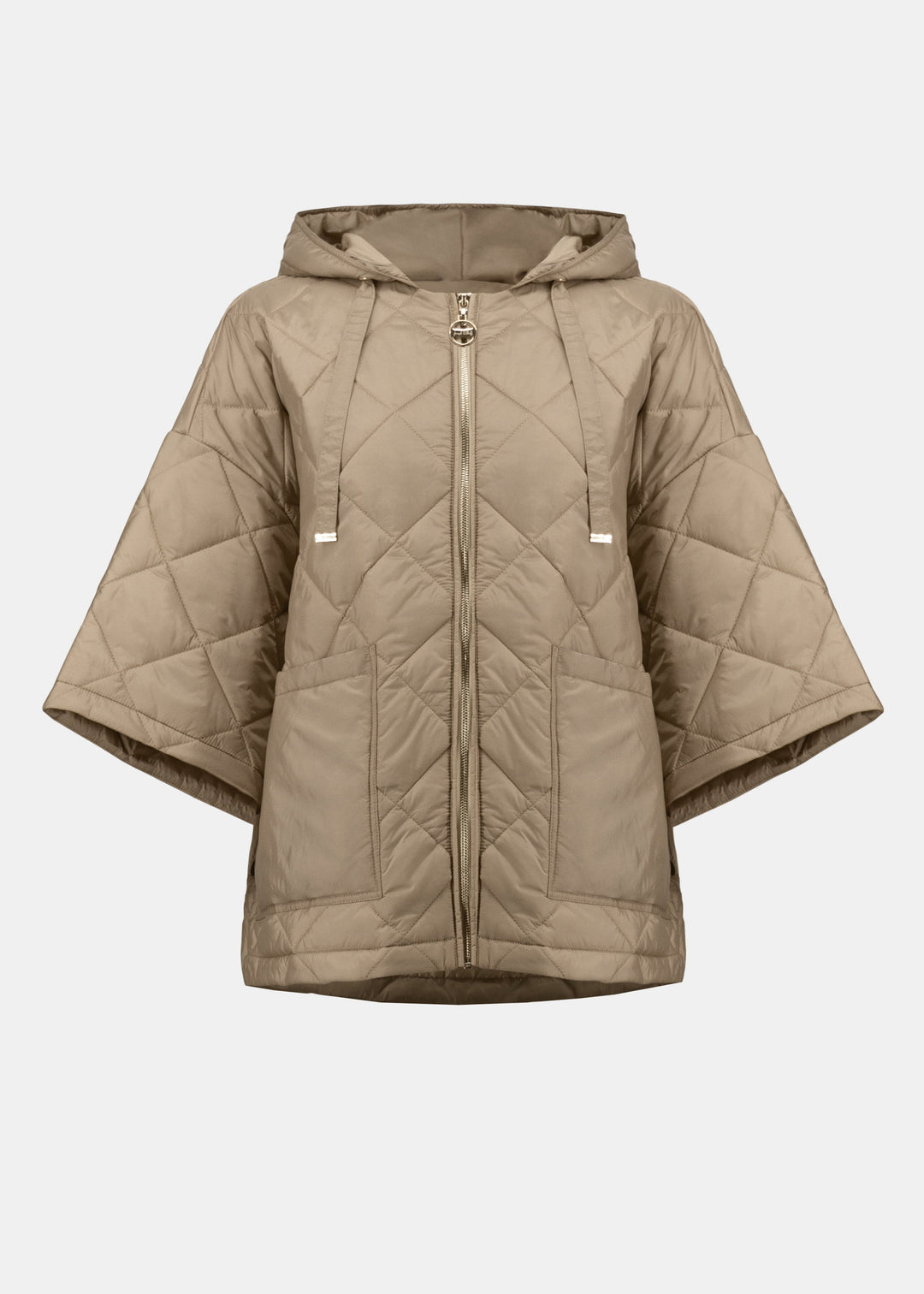 Front view of plus size Joseph Ribkoff diamond quilted hooded Jacket in Gold
