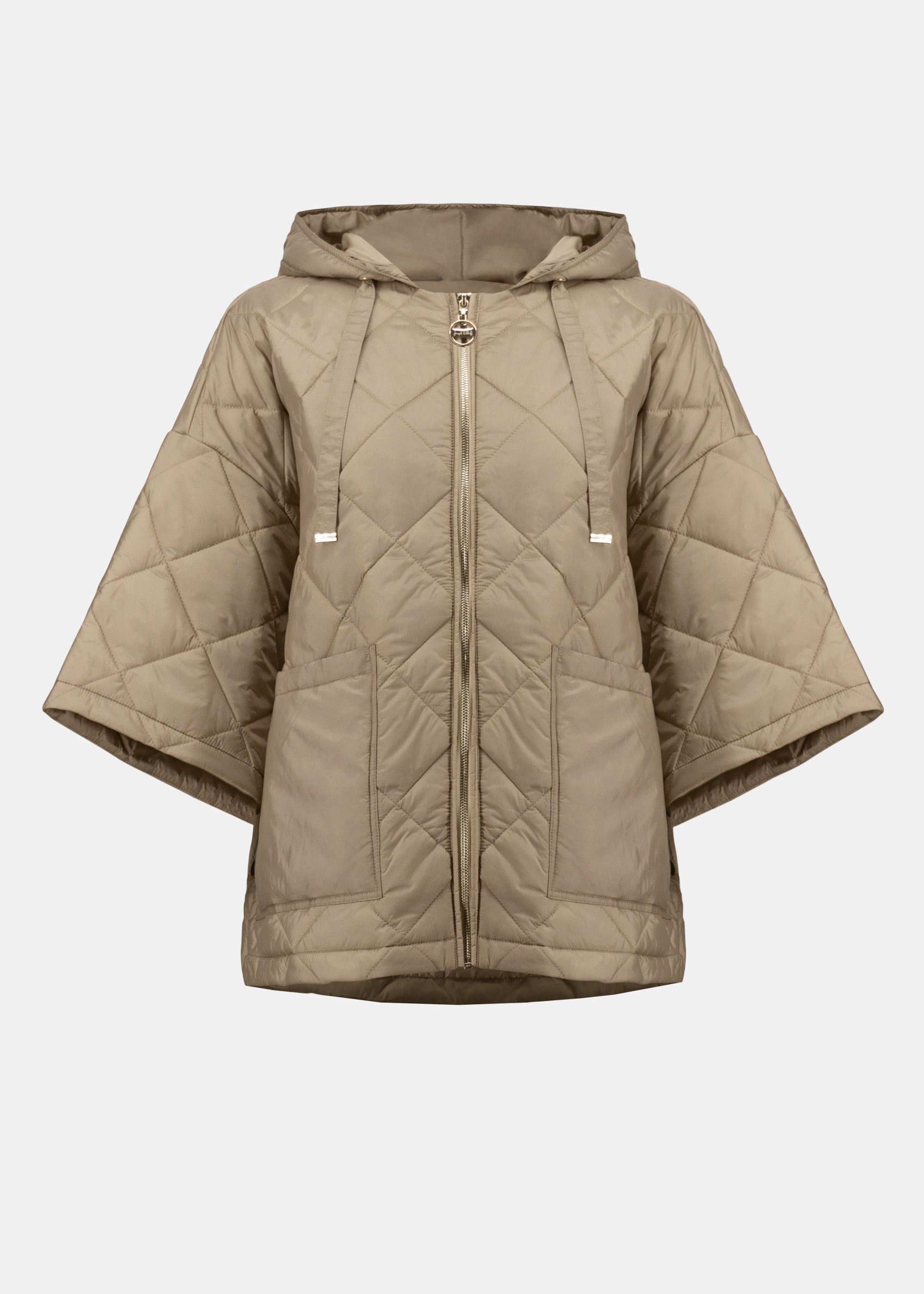 Front view of plus size Joseph Ribkoff diamond quilted hooded Jacket in Gold