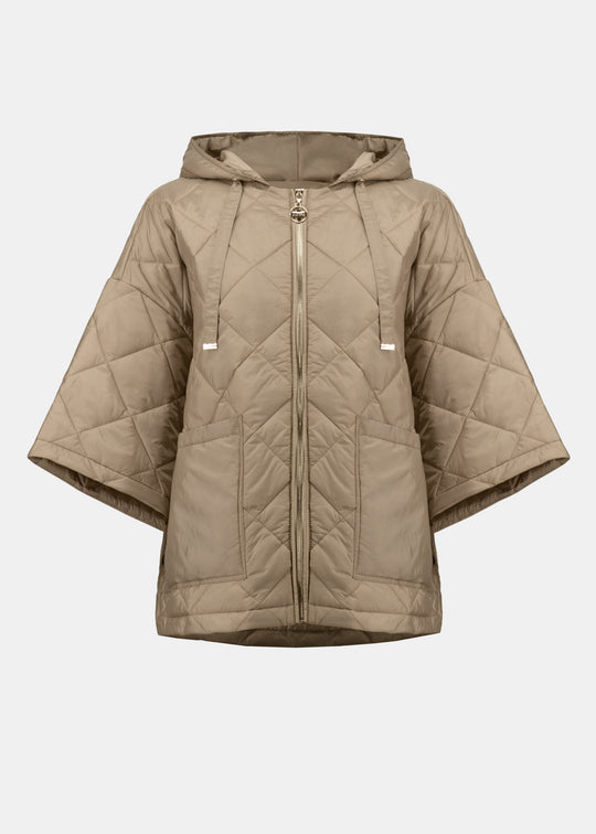 Front view of plus size Joseph Ribkoff diamond quilted hooded Jacket in Gold