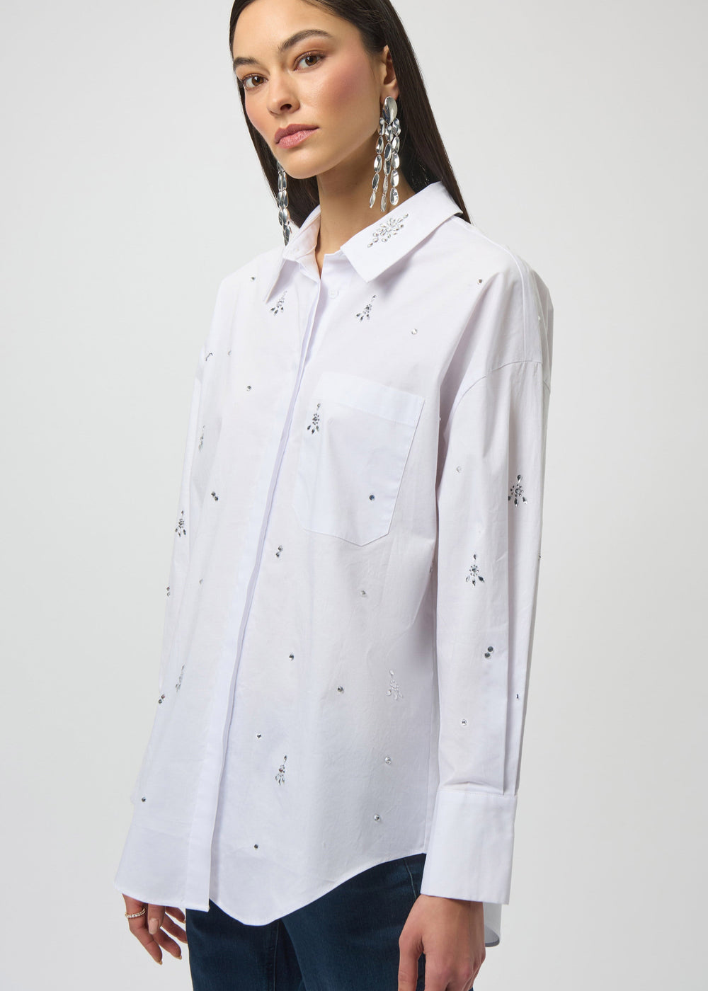 front view of plus size Joseph Ribkoff Stretch Poplin Boxy Blouse with Rhinestones in White