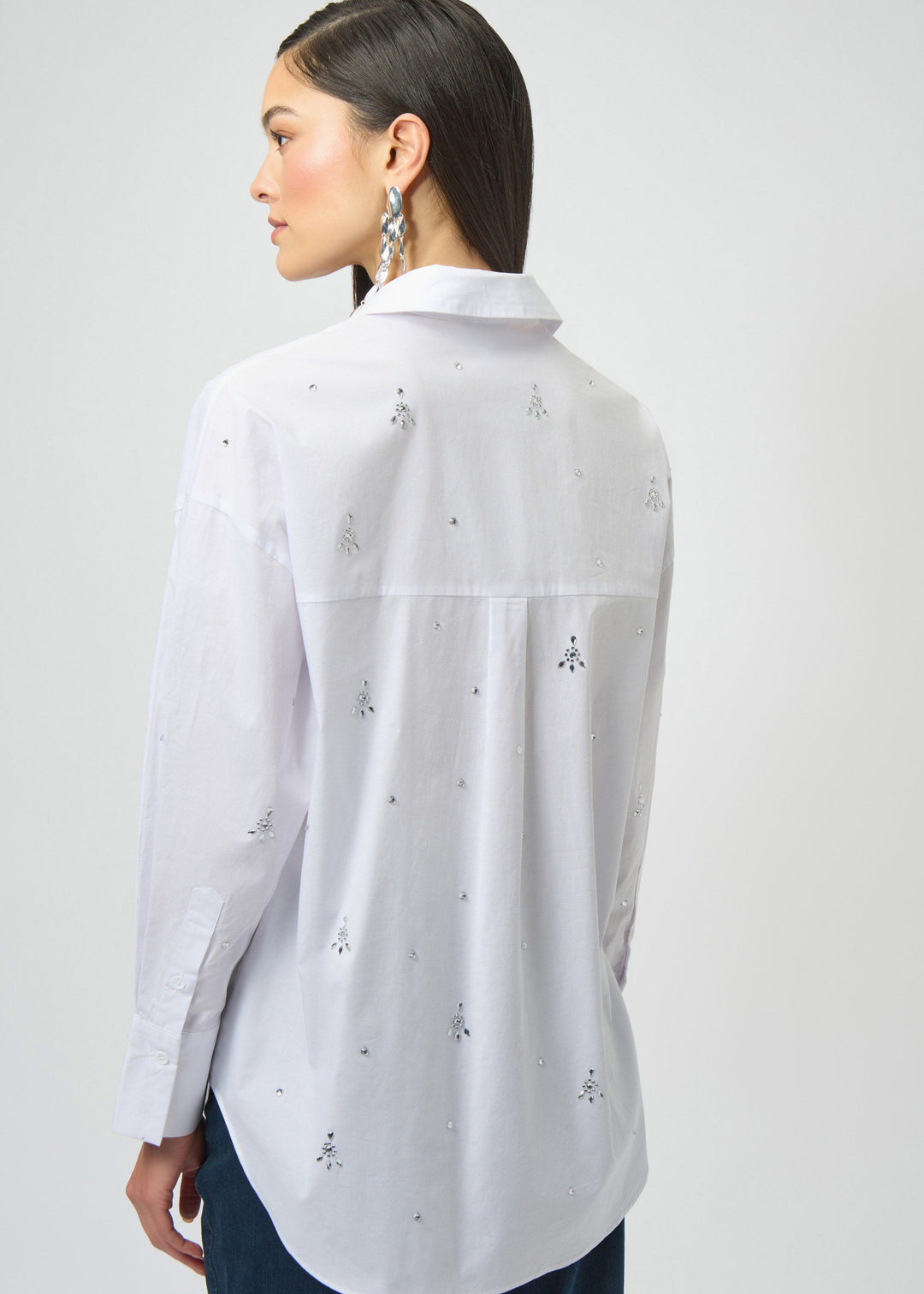 back view of plus size Joseph Ribkoff Stretch Poplin Boxy Blouse with Rhinestones in White