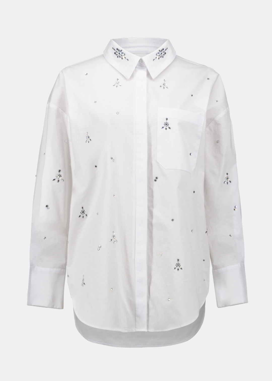 front view of plus size Joseph Ribkoff Stretch Poplin Boxy Blouse with Rhinestones in White