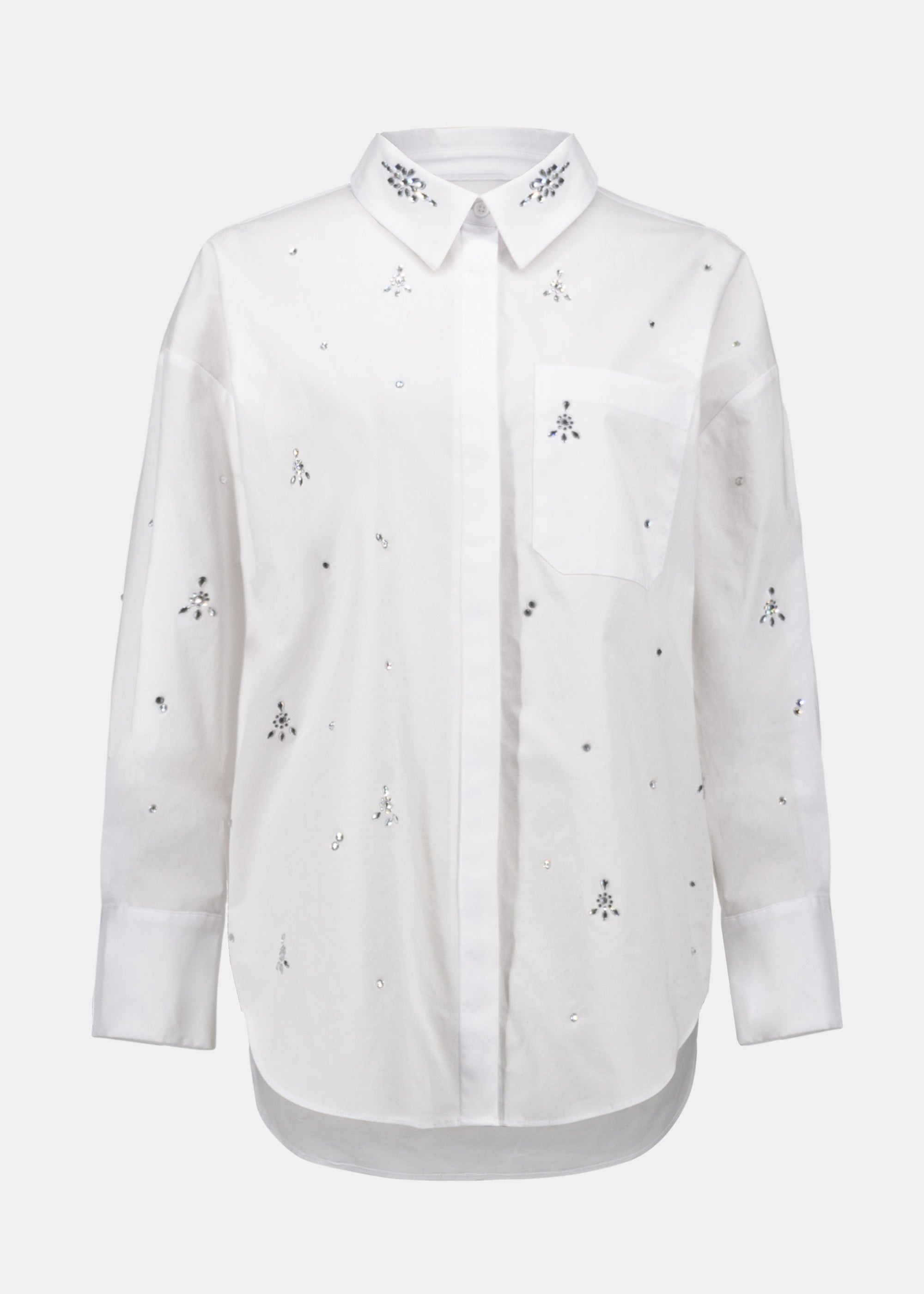 front view of plus size Joseph Ribkoff Stretch Poplin Boxy Blouse with Rhinestones in White