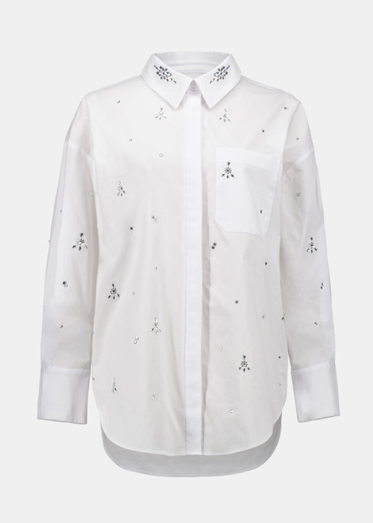 front view of plus size Joseph Ribkoff Stretch Poplin Boxy Blouse with Rhinestones in White