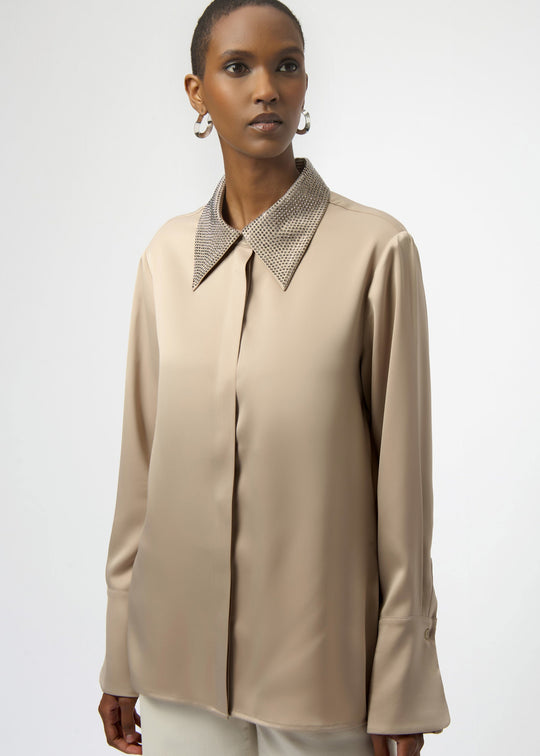 front view of plus size Joseph Ribkoff Satin Blouse with Embellished Collar in Fawn