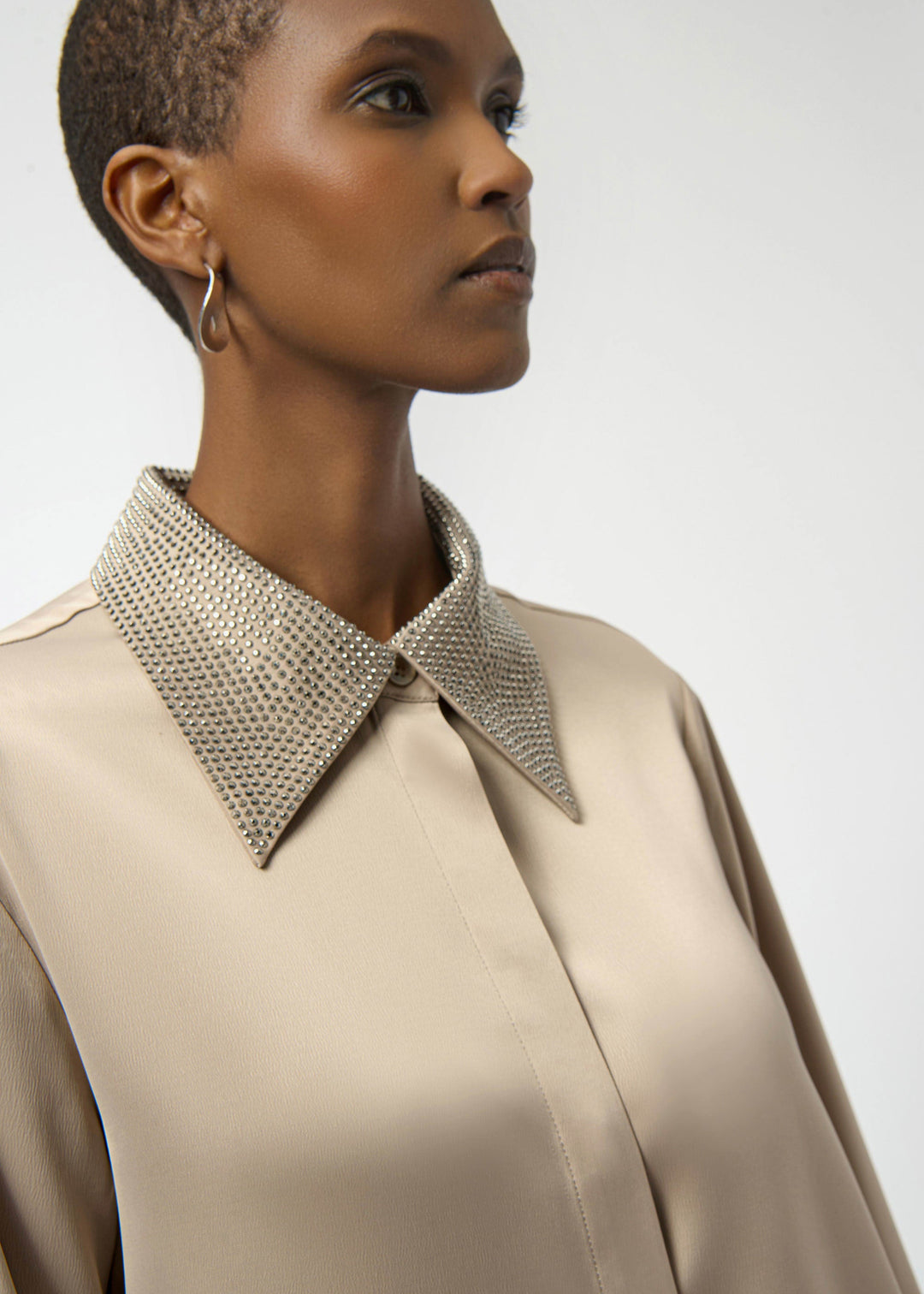 close up front view of plus size Joseph Ribkoff Satin Blouse with Embellished Collar in Fawn